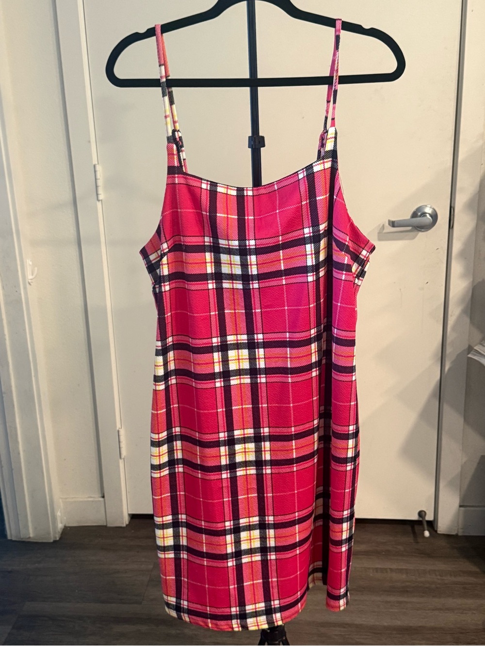 Bright Pink Plaid Spaghetti-Strap Midi Dress